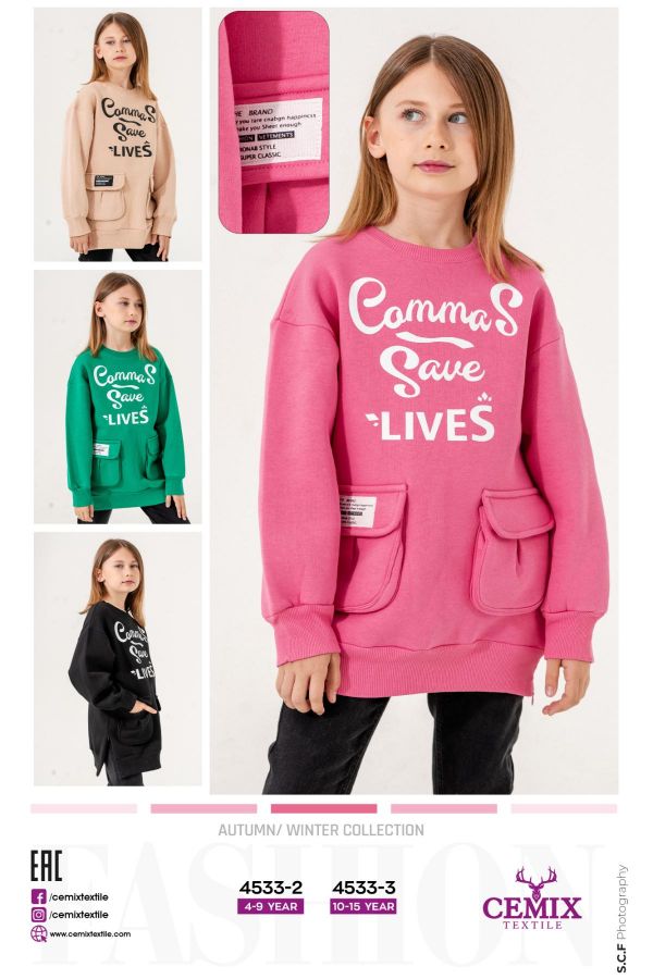 Cemix 4533-3 PEMBE Kız Çocuk Sweatshirt resmi